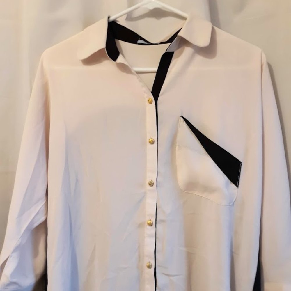 Nwt MINE Contrast Panel Dress Shirt S M Pink Black Gold button up blouse Collar